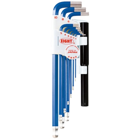 Eight Tool TAPER HEAD HEX KEY L-HANDLE EXTRA LONG SET, 9PC 1.5-10MM BLUE W/EXTENSION PIPES TLC-S9NPBL